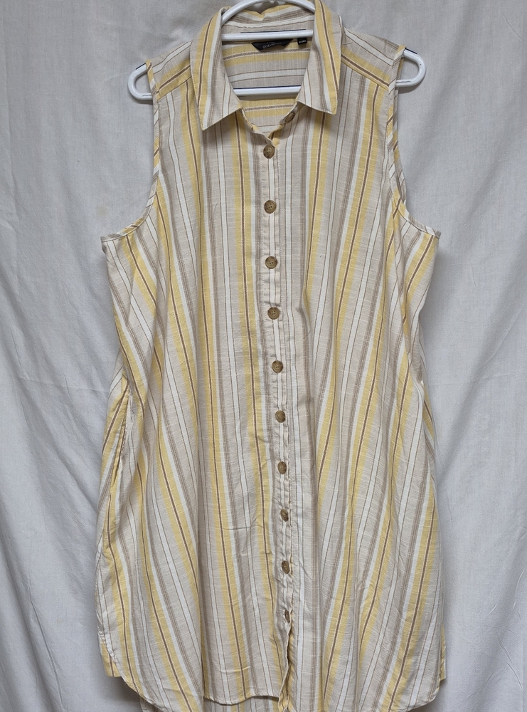 Neutral Striped Sleeveless Cotton Blend Button-Down Sleeveless Shirt Dress 2X A3